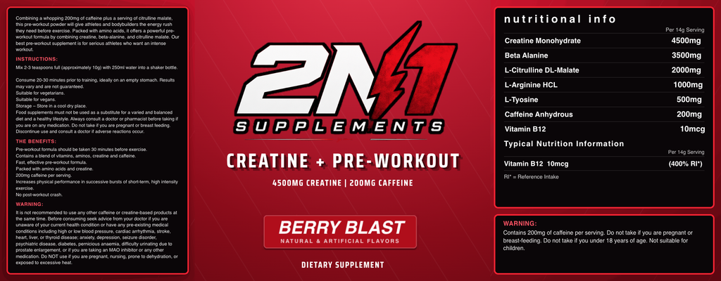2N1 Pre-Workout + Creatine | Energy and Strength in One Scoop (200g)